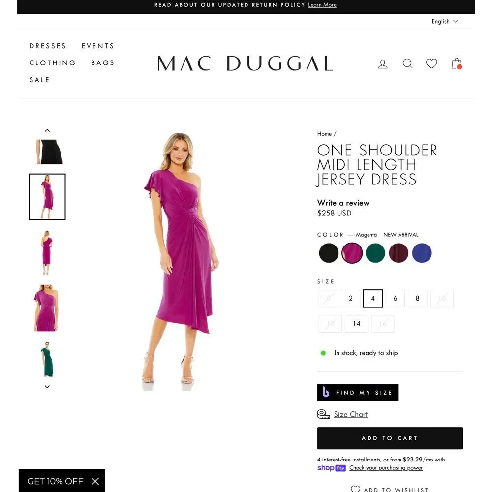 NEW Mac Duggal [ 4 ] 12480 One Shoulder Jersey‎ Midi Dress Magenta Pink